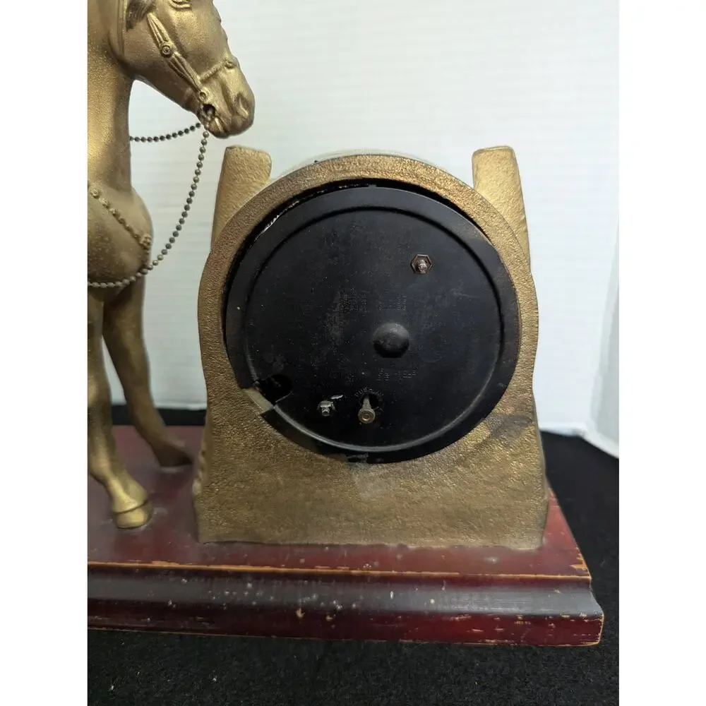 Vintage Kitschy Western Gold Horse Clock Retro Horseshoe Mantel Clock Equestrian
